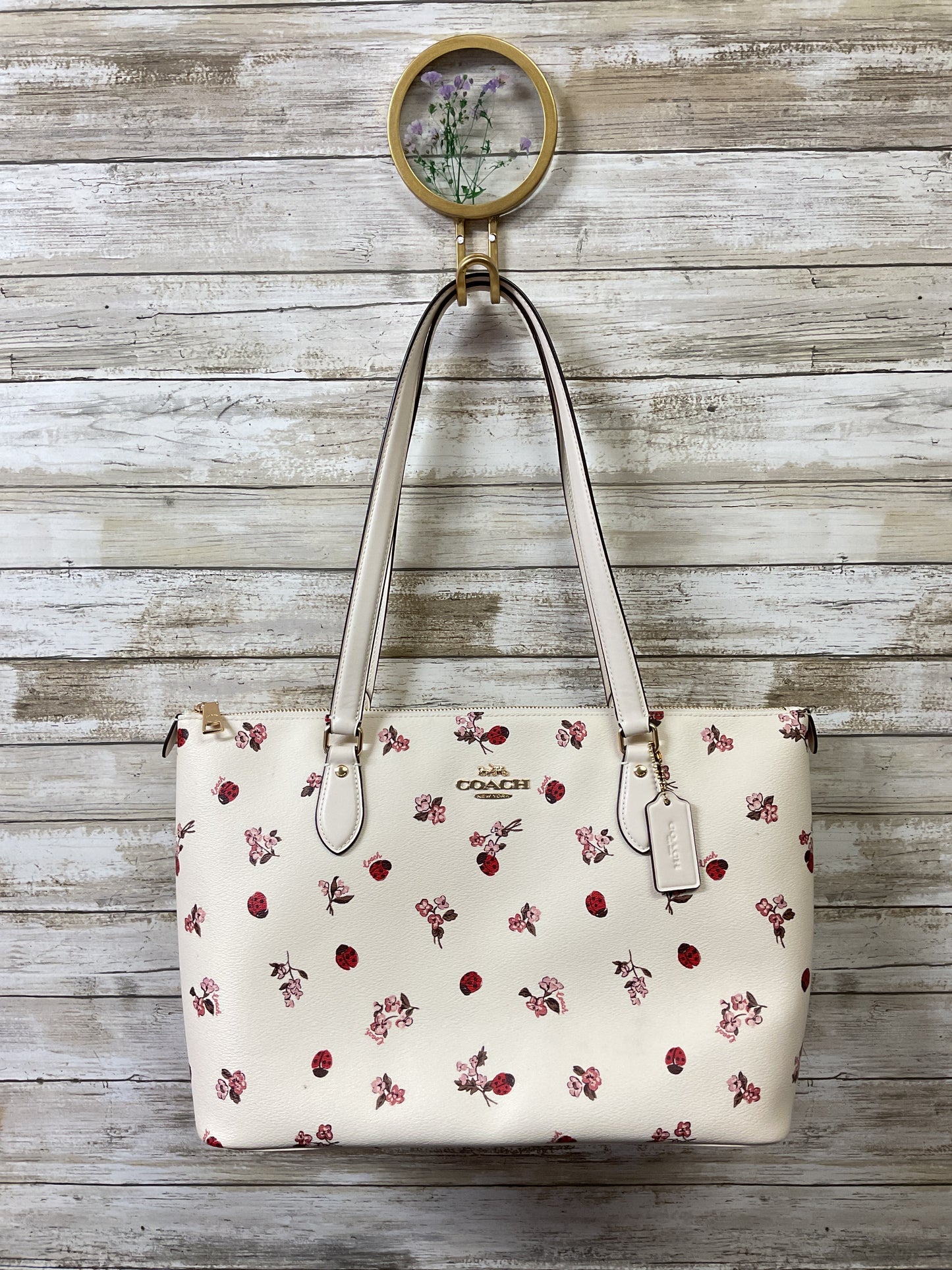 Handbag Designer By Coach In Cream & Green, Size:Large