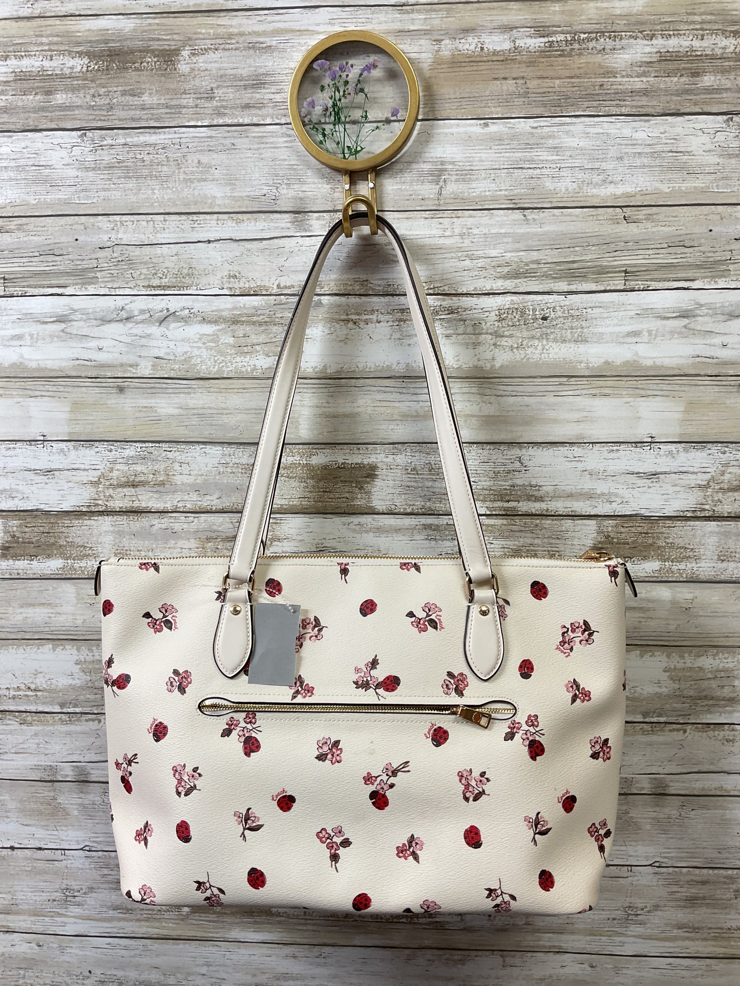 Handbag Designer By Coach In Cream & Green, Size:Large