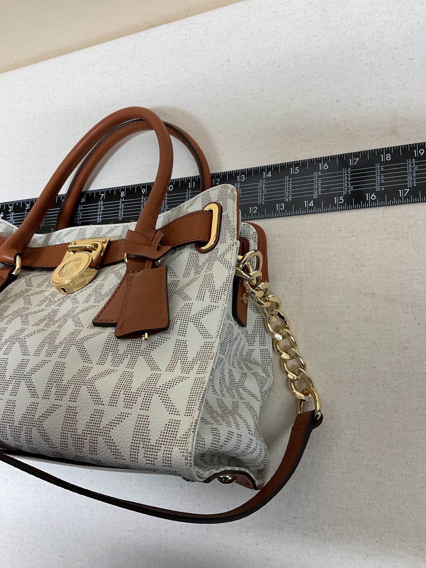 Handbag Designer By Michael Kors In Brown & White, Size:Medium