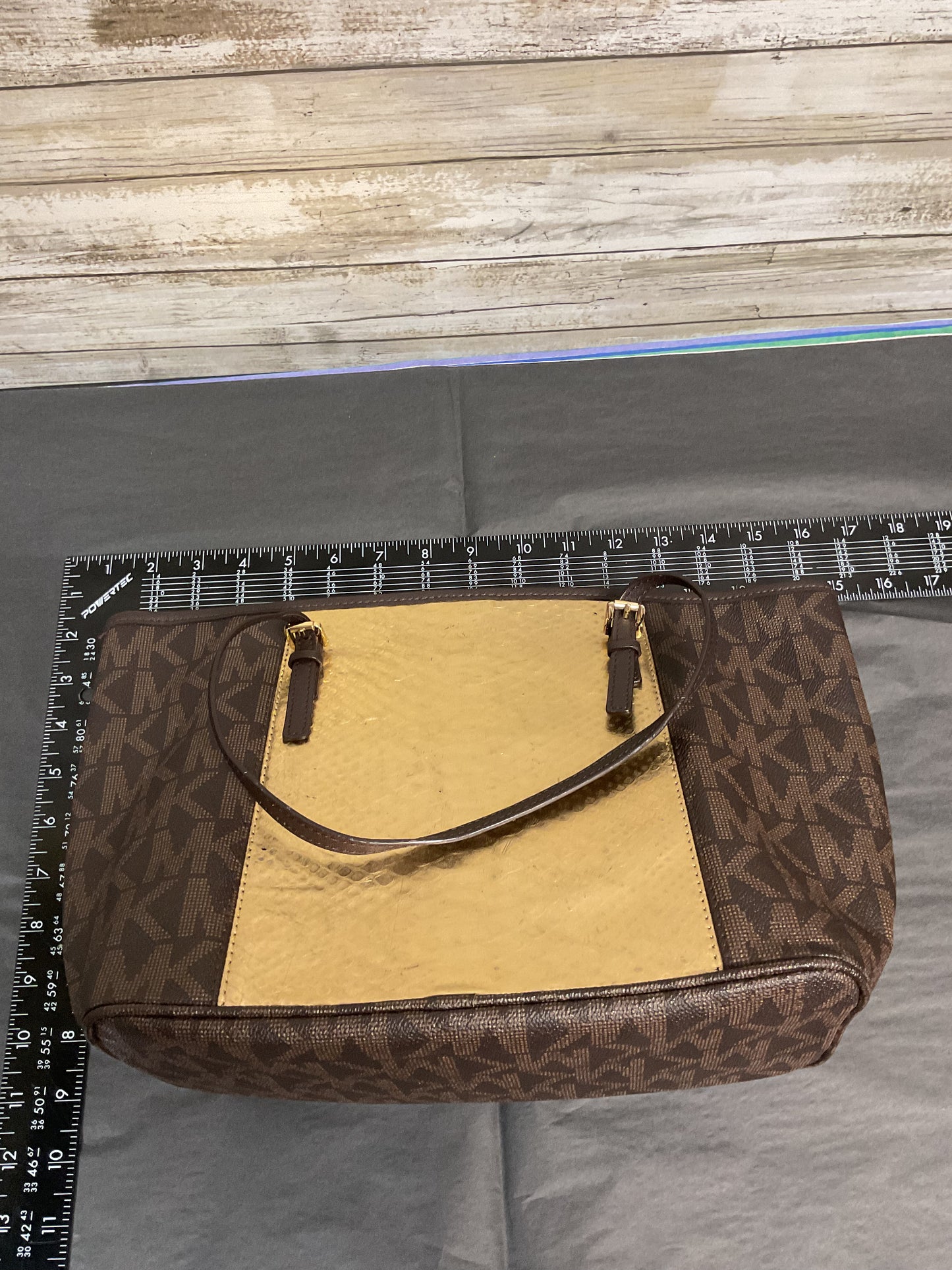 Tote Designer By Michael Kors In Brown & Gold, Size:Medium