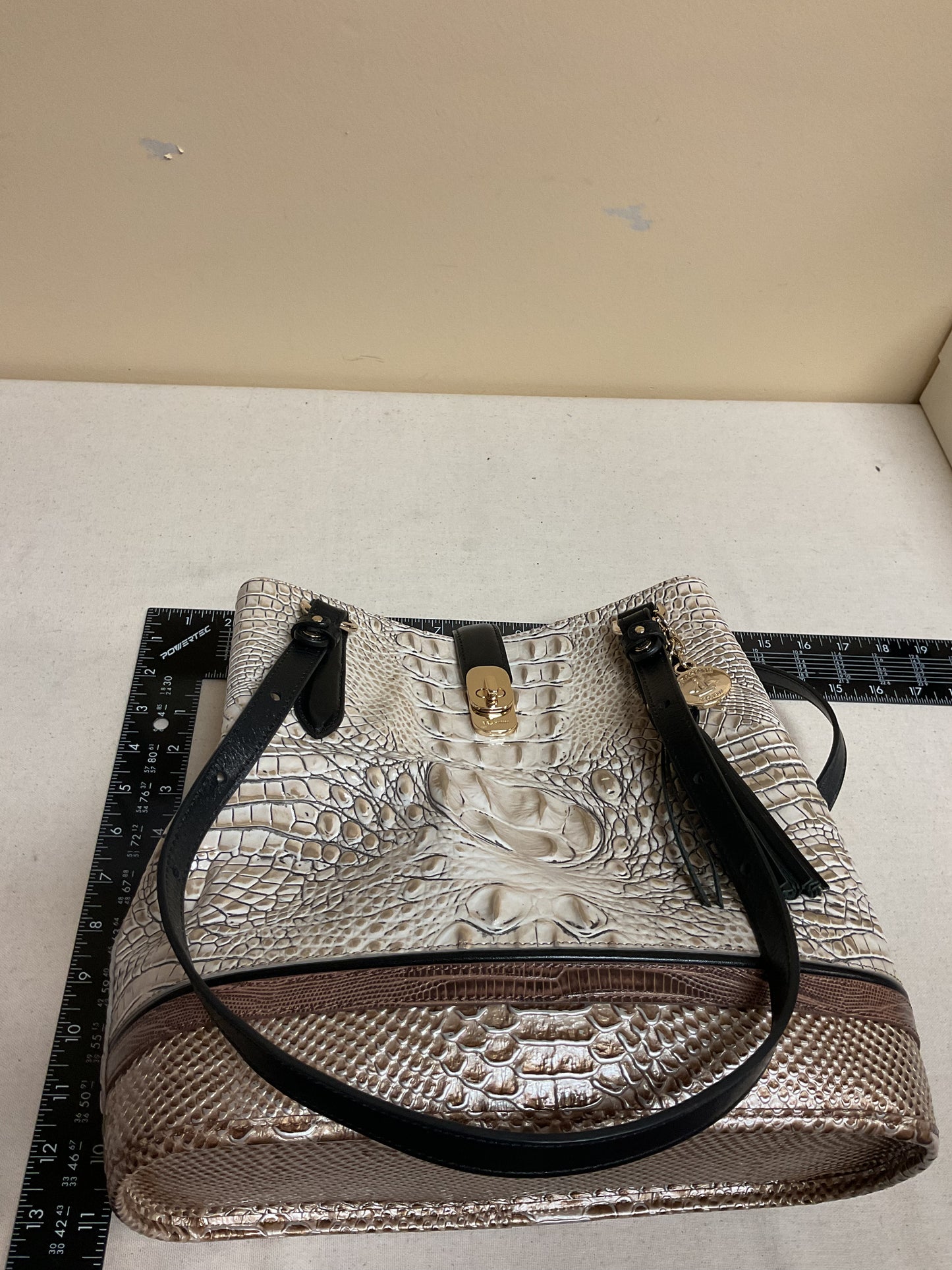 Handbag Designer By Brahmin In Brown & Cream, Size:Medium