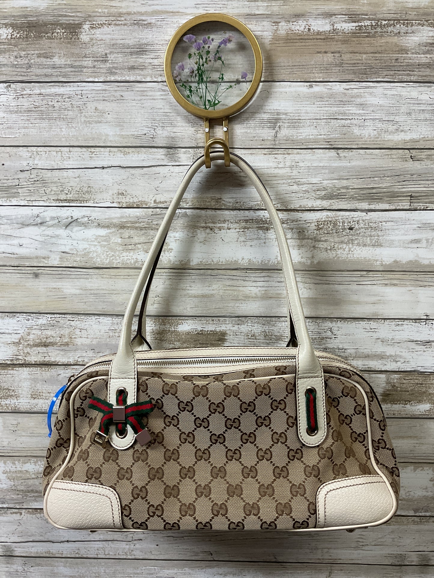 Handbag Luxury Designer By Gucci In Brown & Cream, Size:Medium