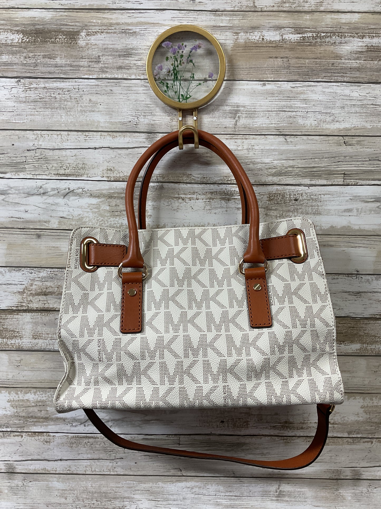 Handbag Designer By Michael Kors In Brown & White, Size:Medium