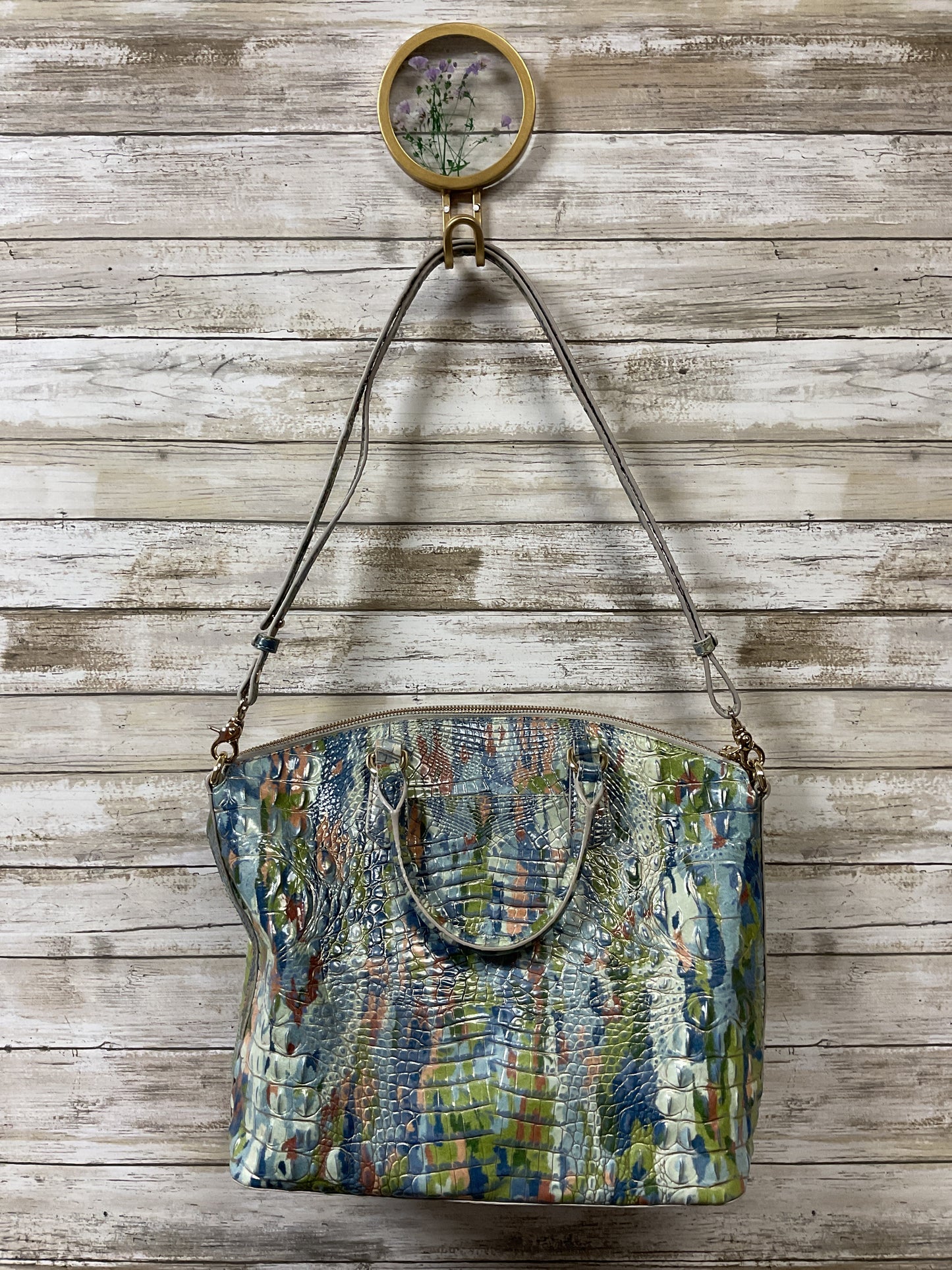 Handbag Designer By Brahmin In Green & Pink, Size:Large