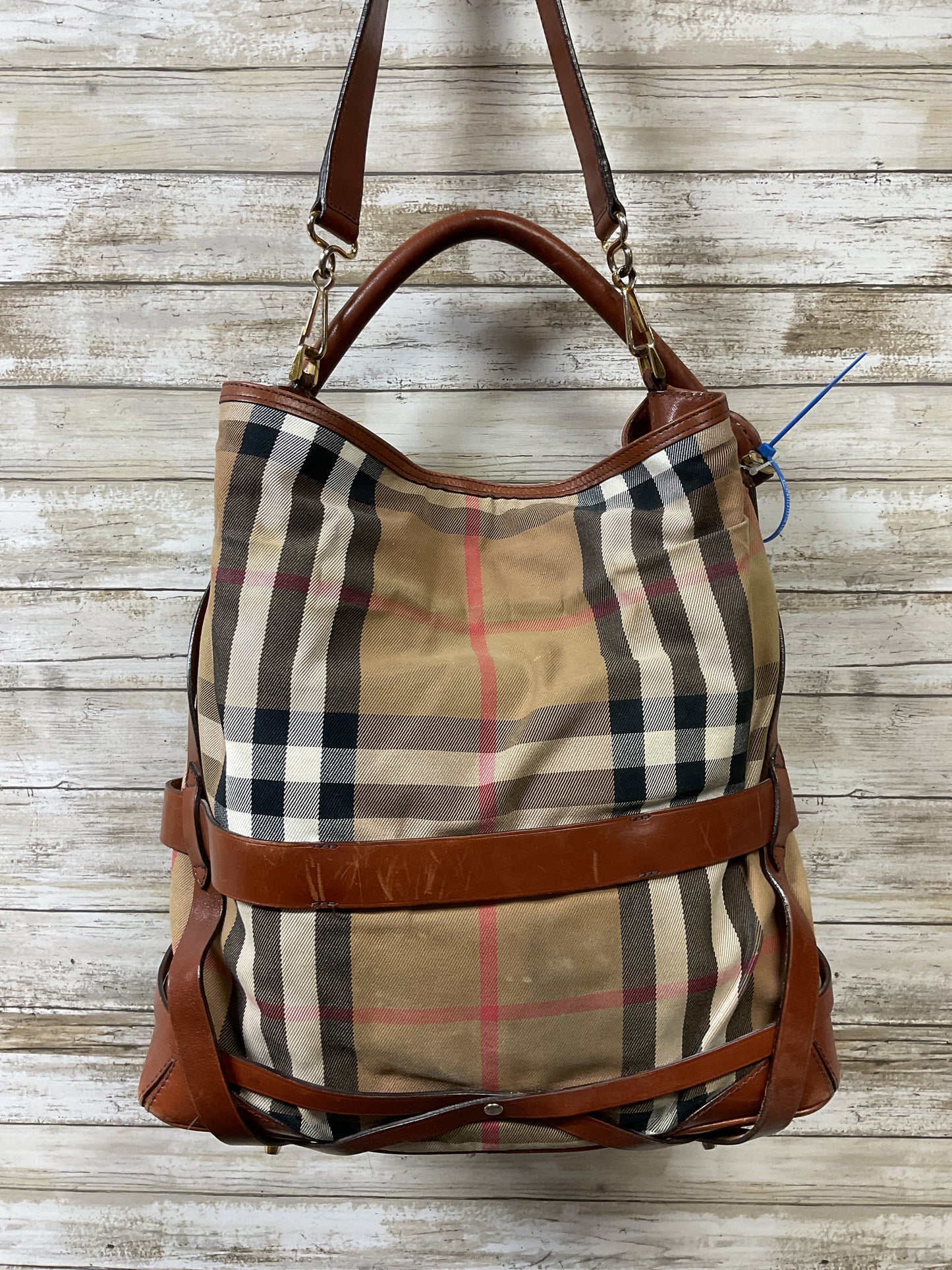 Handbag Luxury Designer By Burberry In Plaid Pattern, Size:Large
