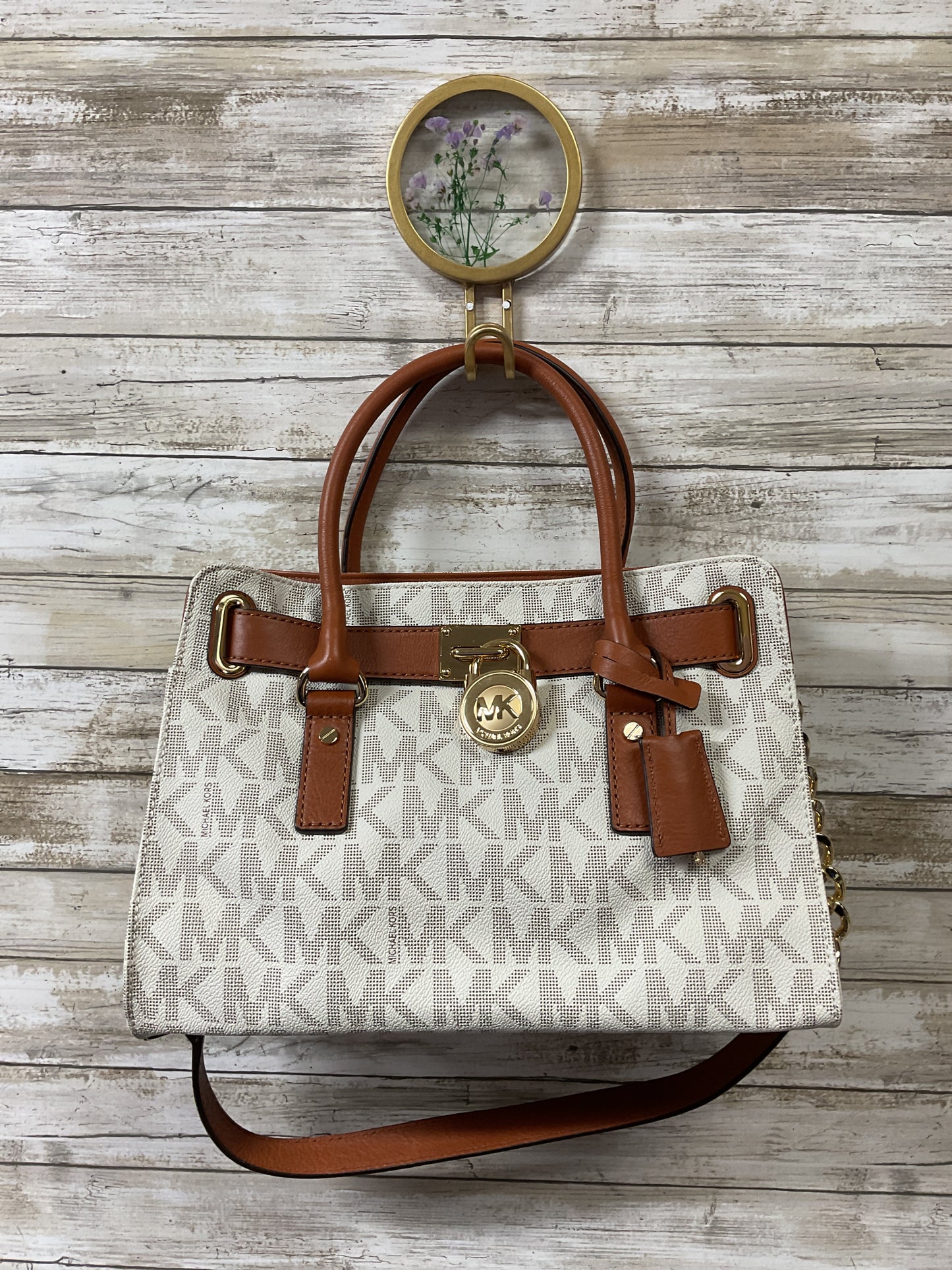Handbag Designer By Michael Kors In Brown & White, Size:Medium