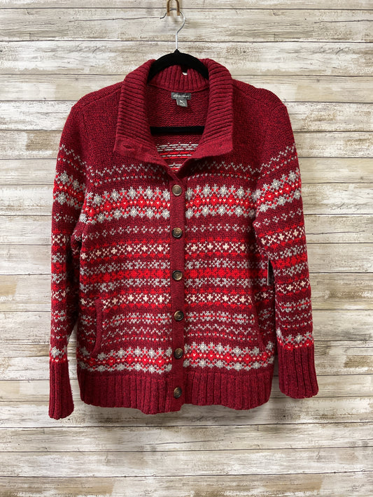 Sweater Cardigan By Eddie Bauer In Red & Silver, Size:Lp