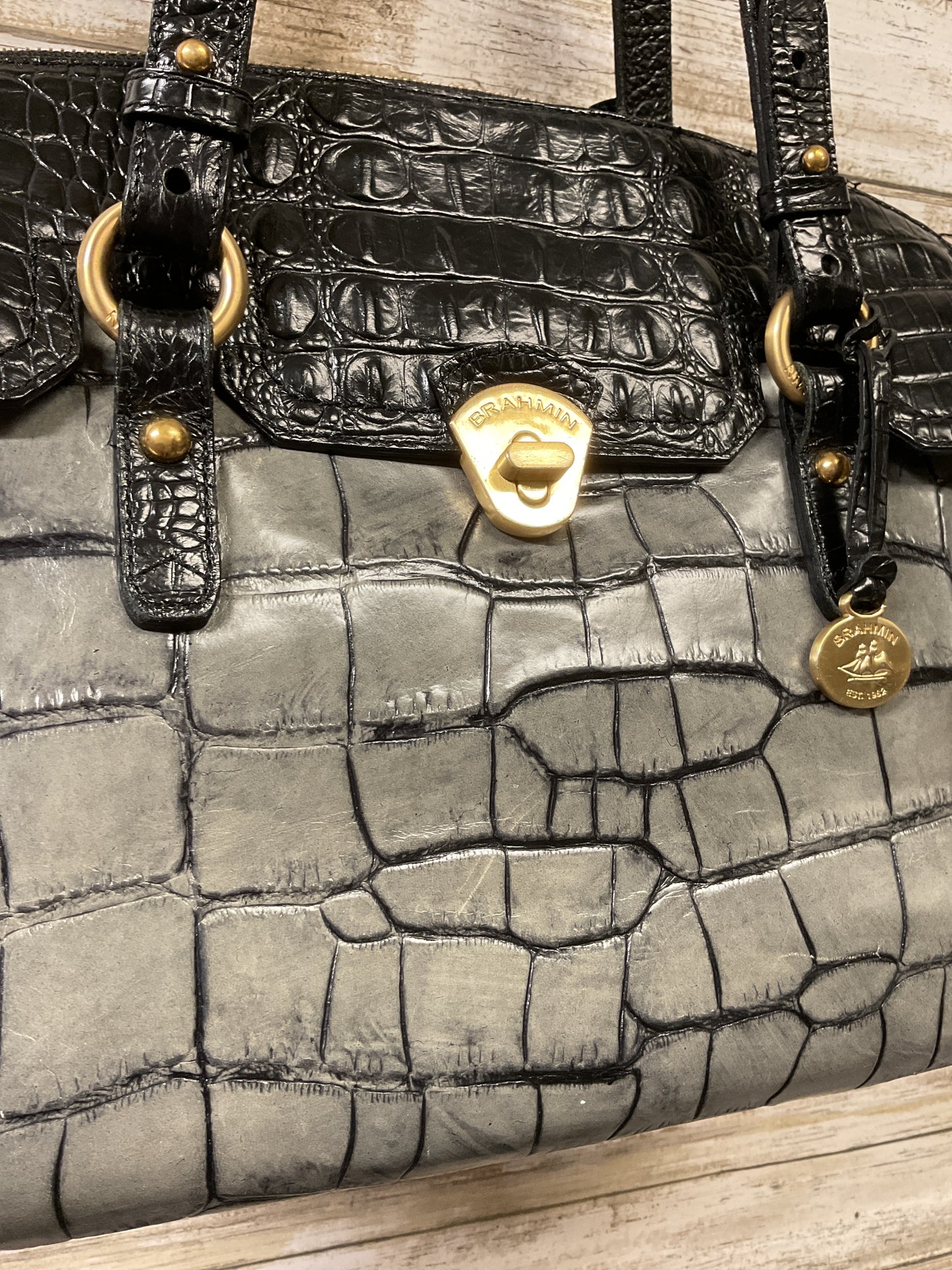 Handbag Designer By Brahmin In Black & Grey, Size:Medium