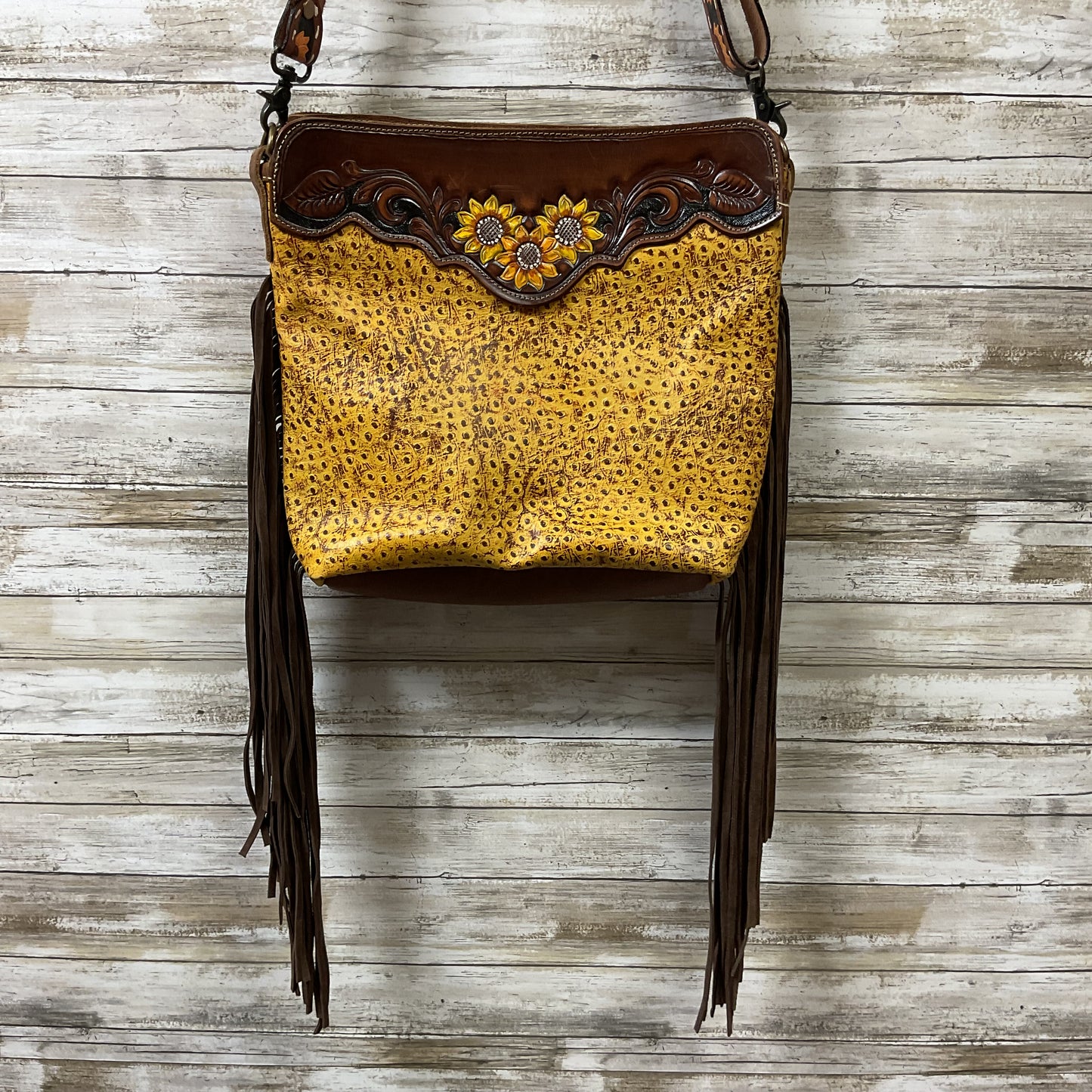 Crossbody Leather By Myra In Brown & Yellow, Size:Large