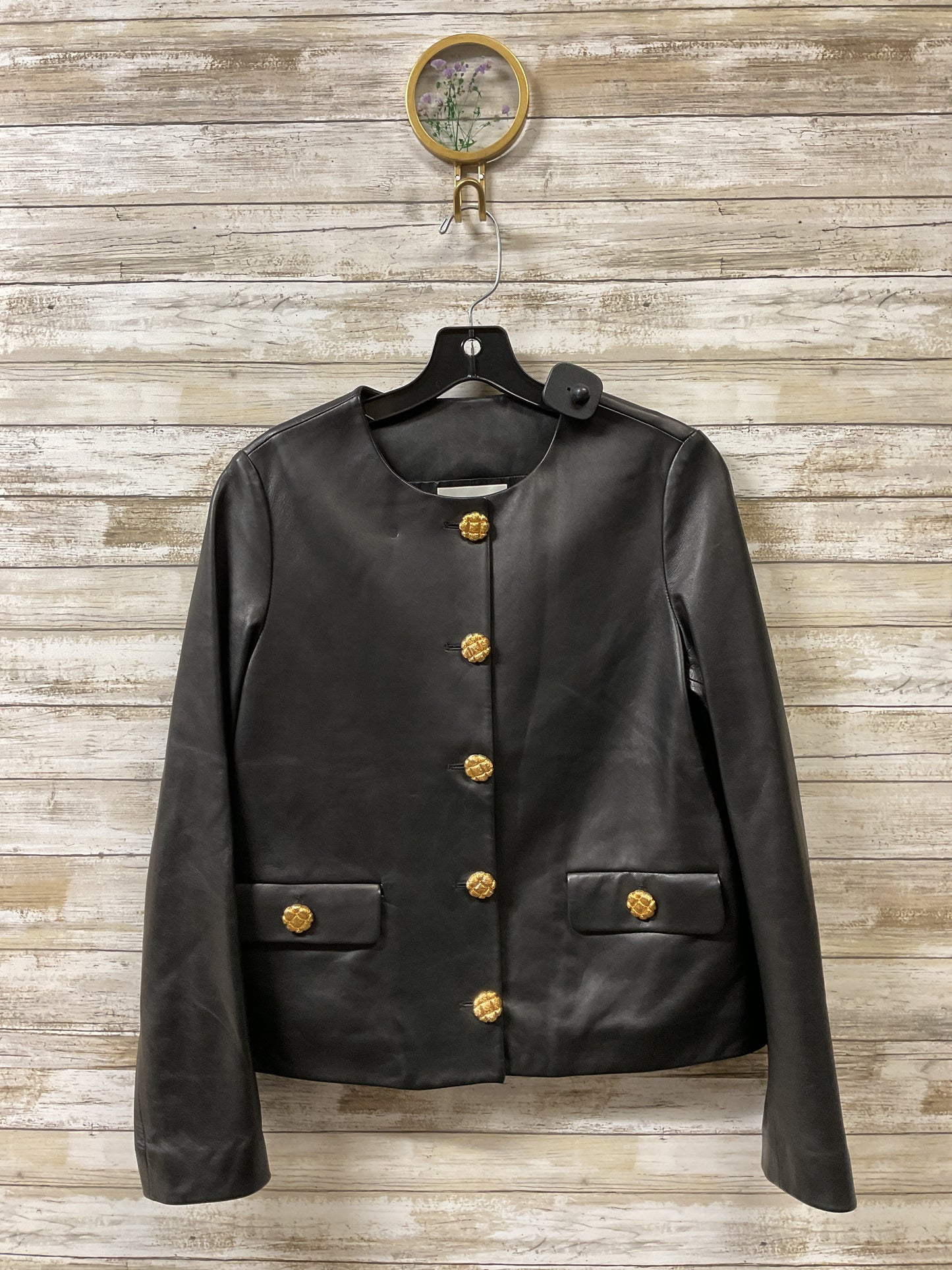 Jacket Leather By St John Knits In Black & Gold, Size:2