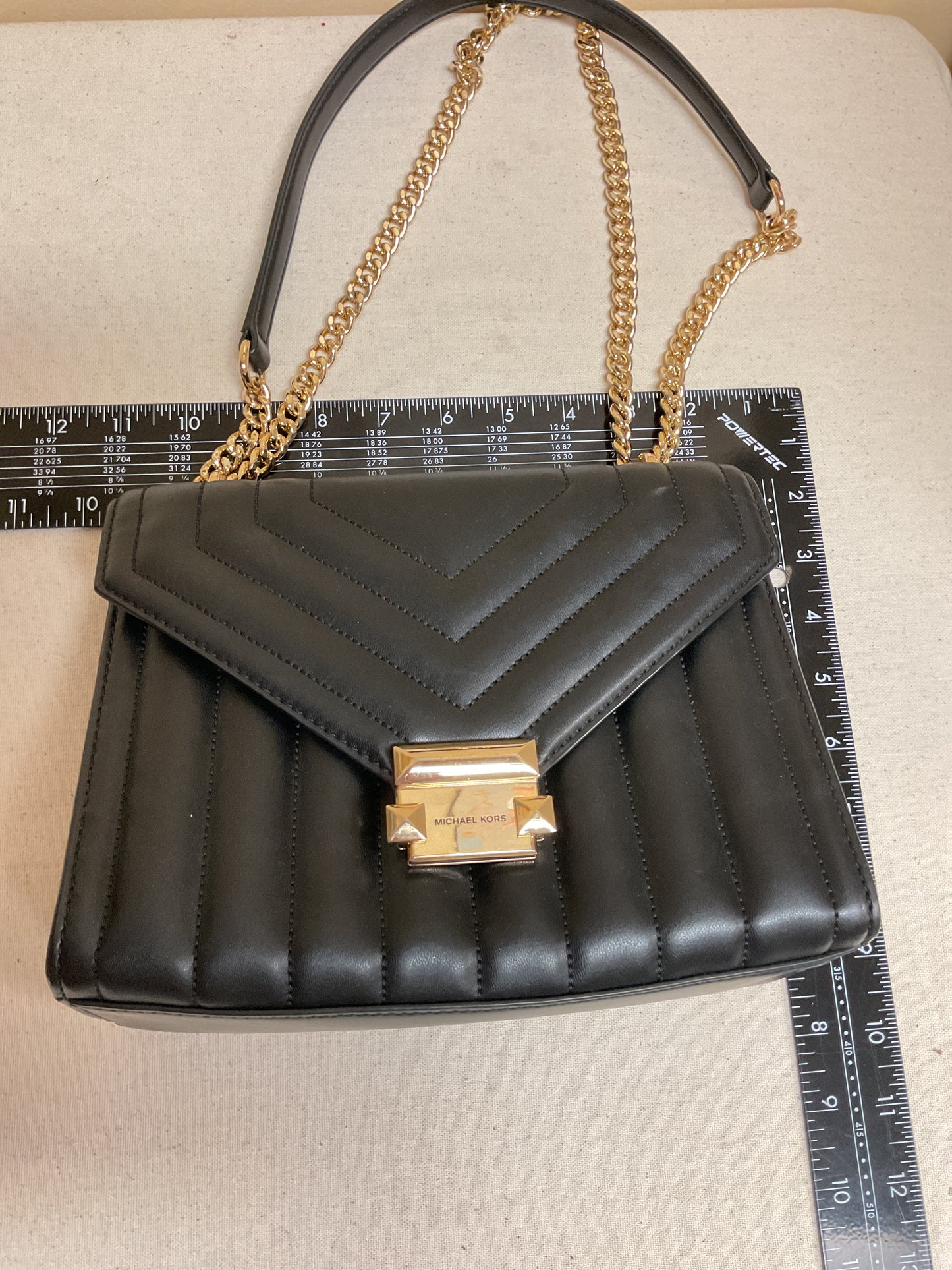 Handbag Designer By Michael Kors In Black & Gold, Size:Medium