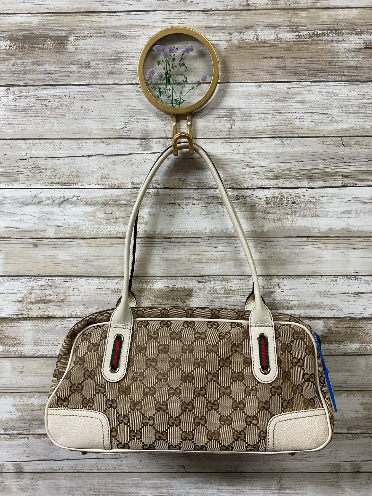 Handbag Luxury Designer By Gucci In Brown & Cream, Size:Medium