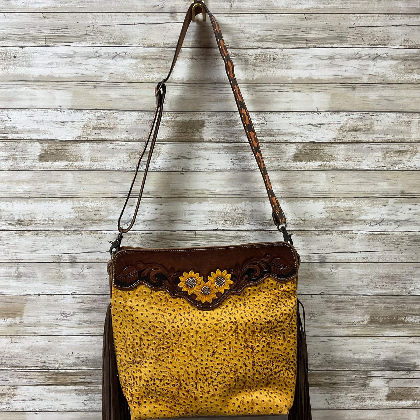Crossbody Leather By Myra In Brown & Yellow, Size:Large