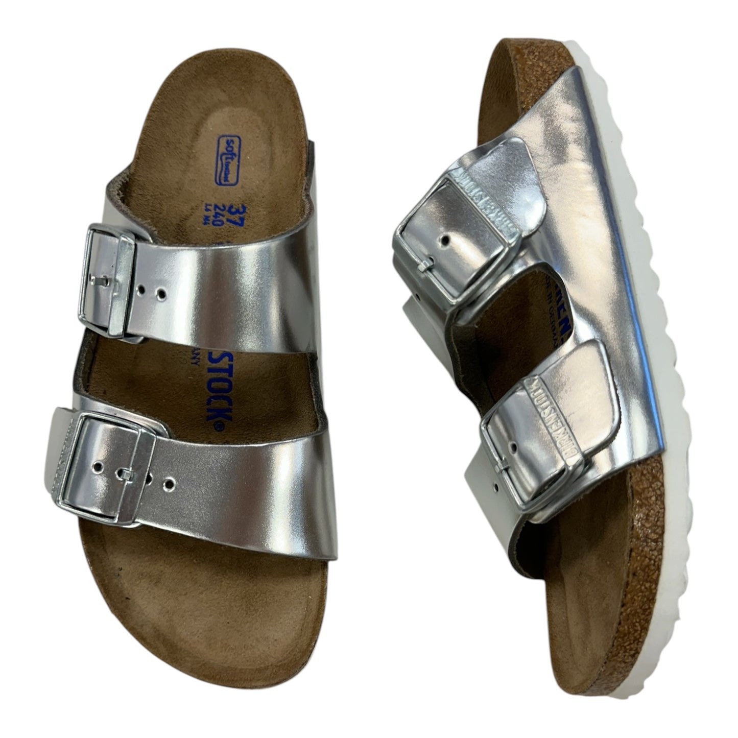 Sandals Flats By Birkenstock In Silver, Size:6.5