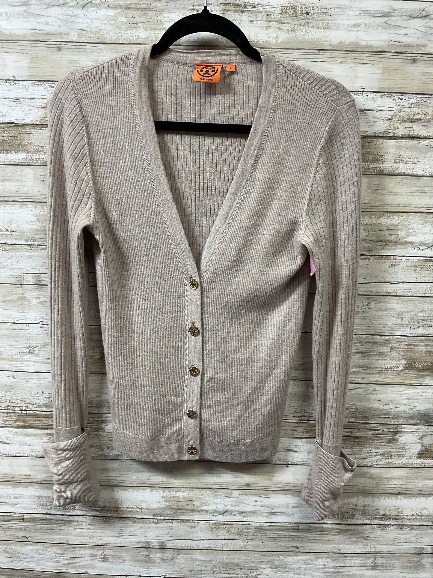 Sweater Cardigan Designer By Tory Burch In Tan, Size:L