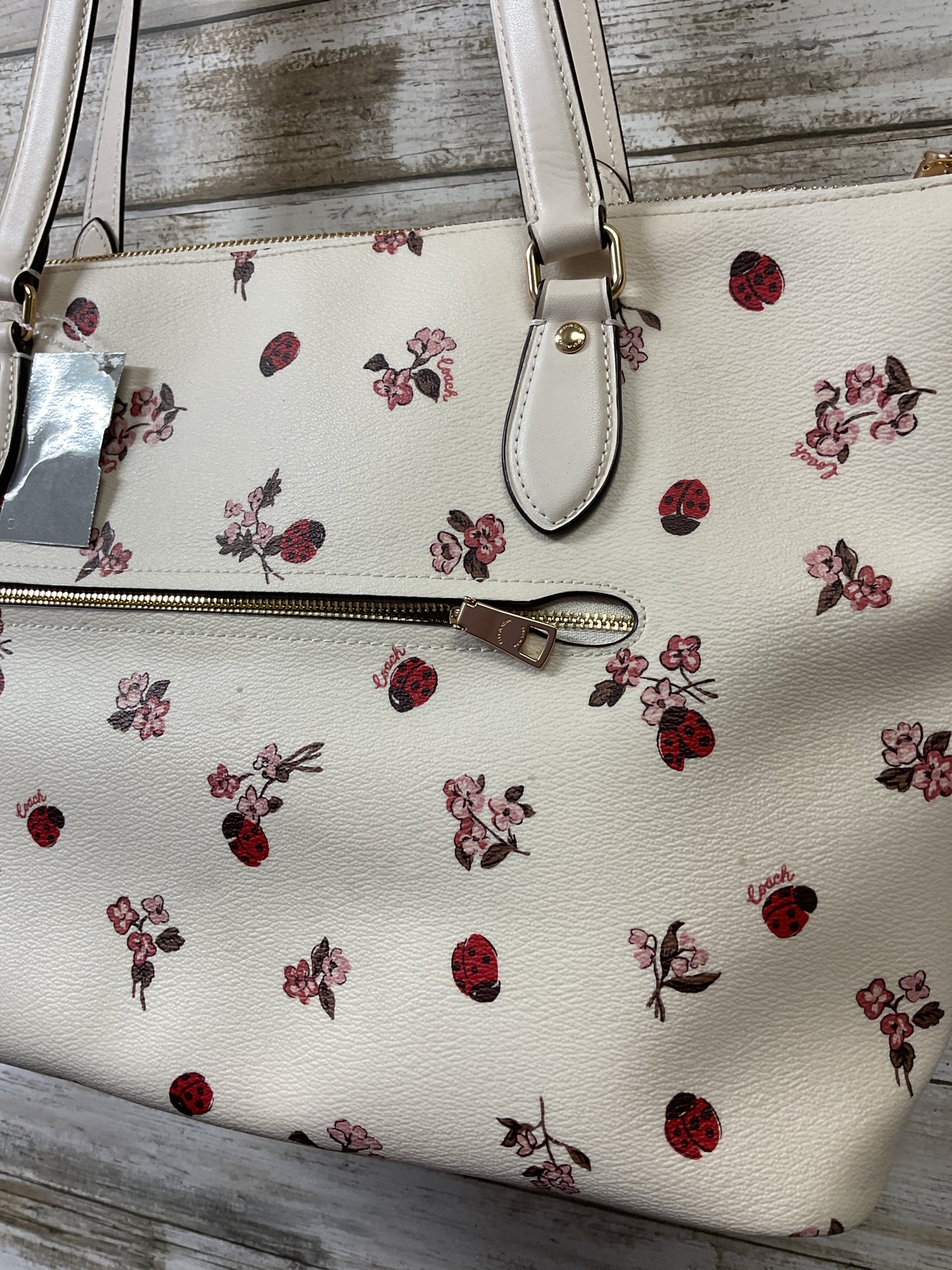 Handbag Designer By Coach In Cream & Green, Size:Large