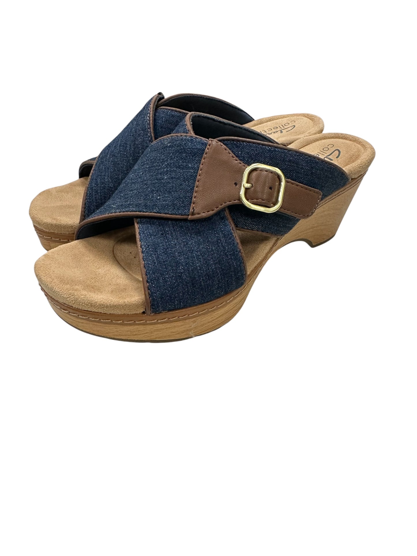 Sandals Heels Block By Clarks In Blue & Tan, Size:7