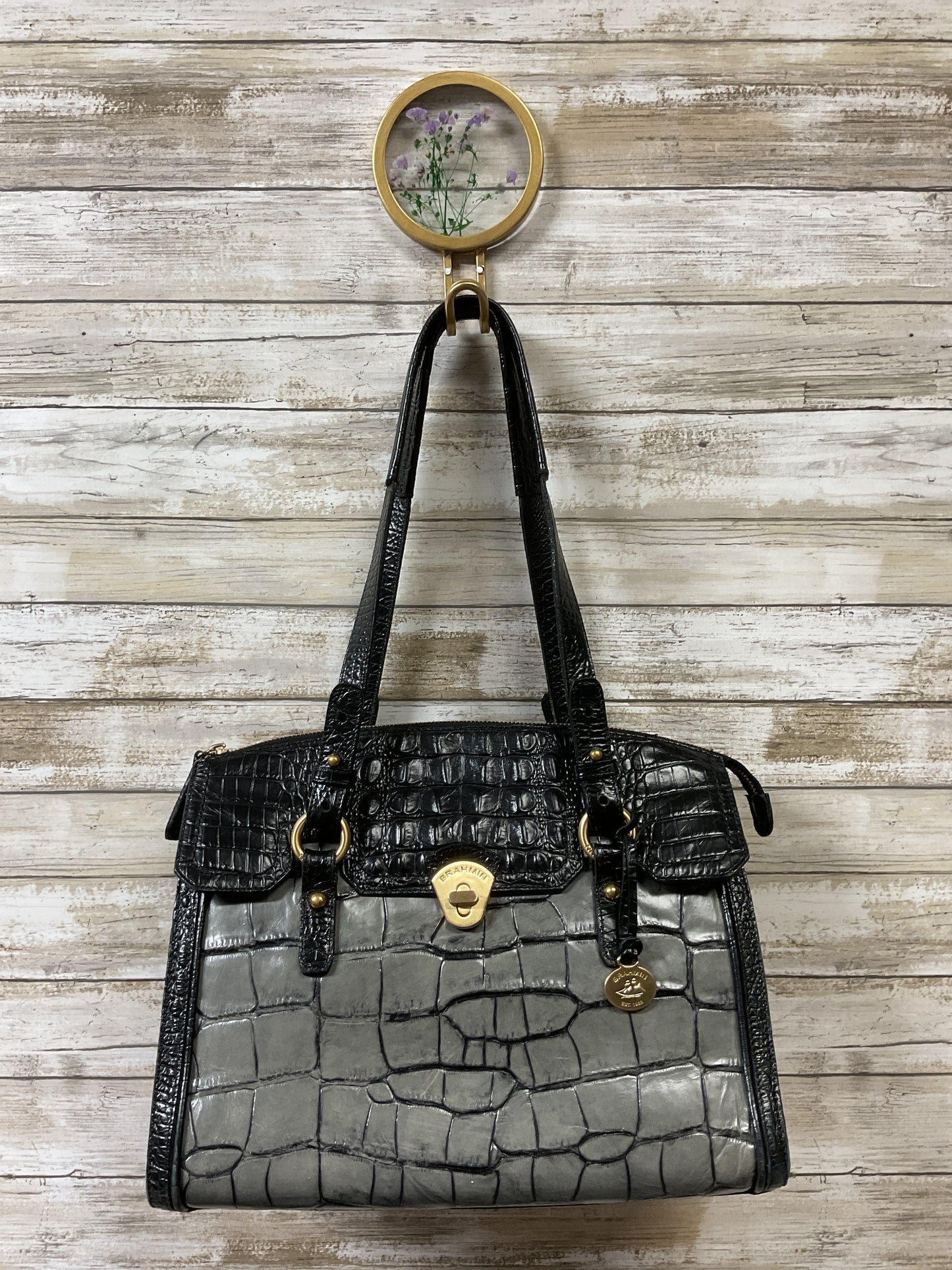Handbag Designer By Brahmin In Black & Grey, Size:Medium