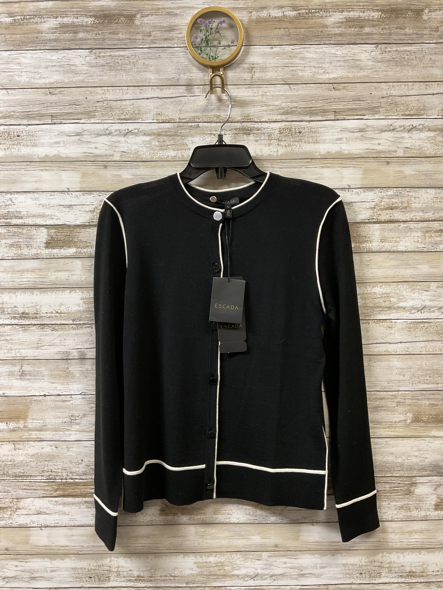 Sweater Cardigan Designer By Escada In Black & White, Size:S