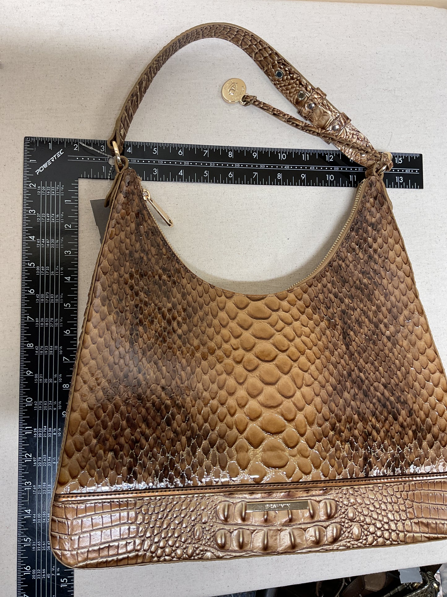 Handbag Designer By Brahmin In Brown & Gold, Size:Large