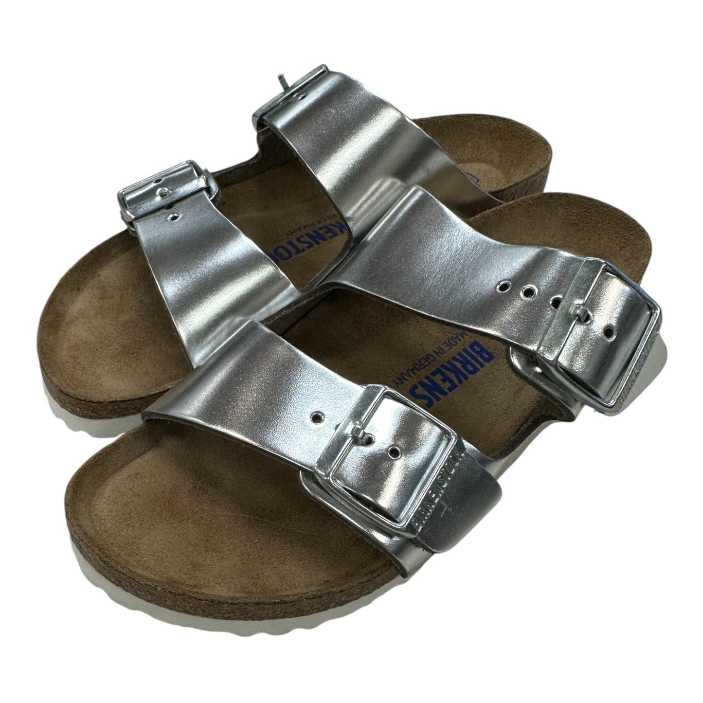Sandals Flats By Birkenstock In Silver, Size:6.5
