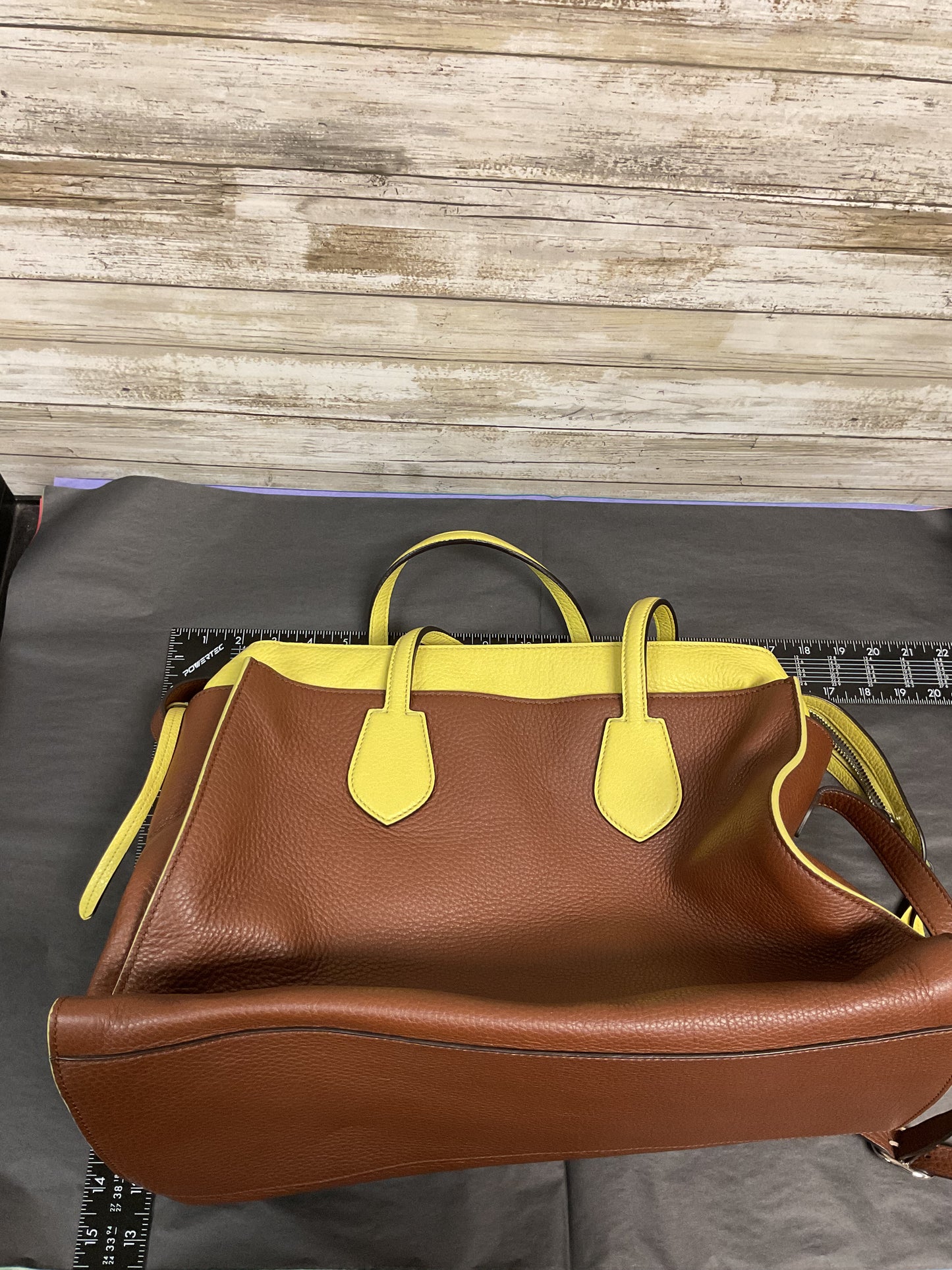 Handbag Luxury Designer By Gucci In Brown & Yellow, Size:Large