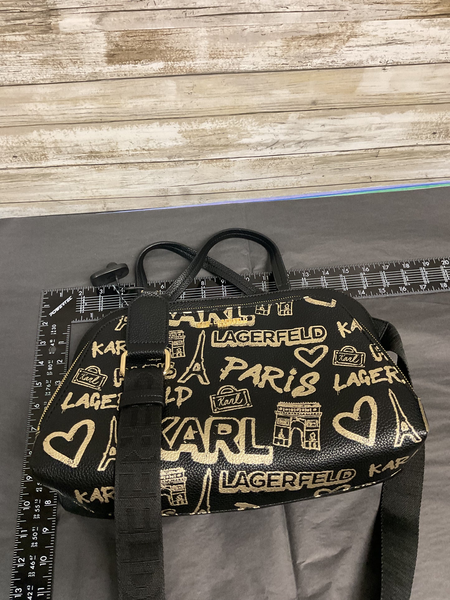 Handbag Designer By Karl Lagerfeld In Black & Gold, Size:Medium