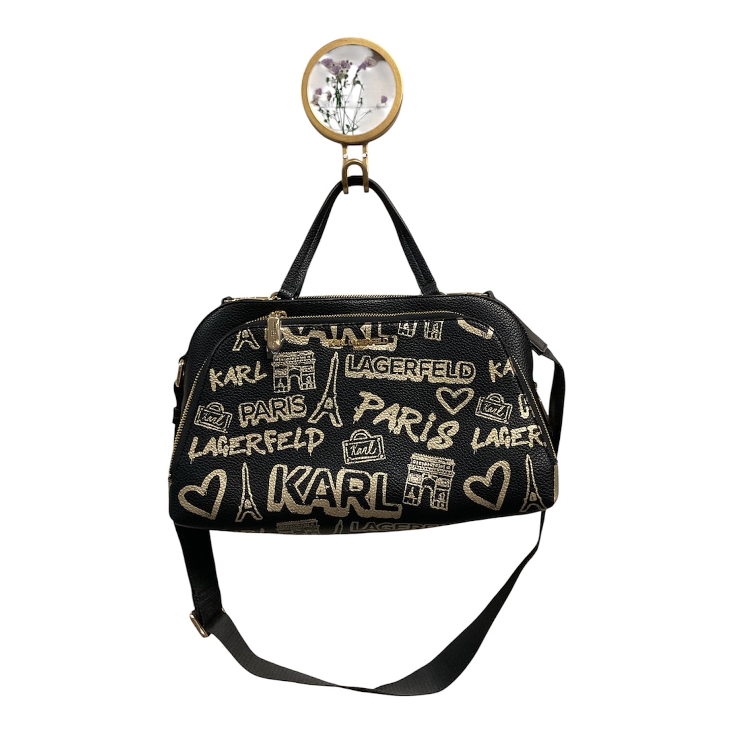 Handbag Designer By Karl Lagerfeld In Black & Gold, Size:Medium