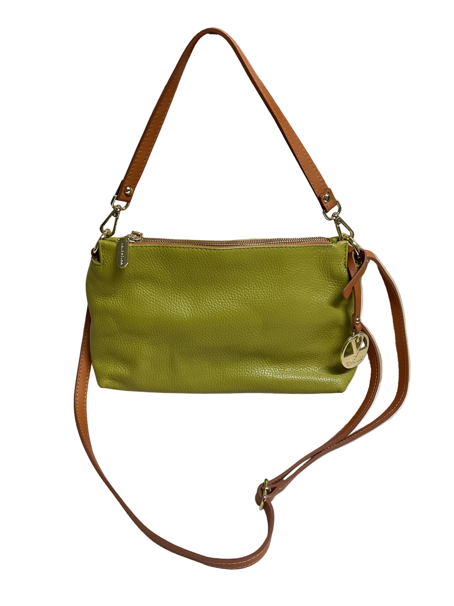 Handbag Leather By Valentina In Green & Tan, Size:Medium