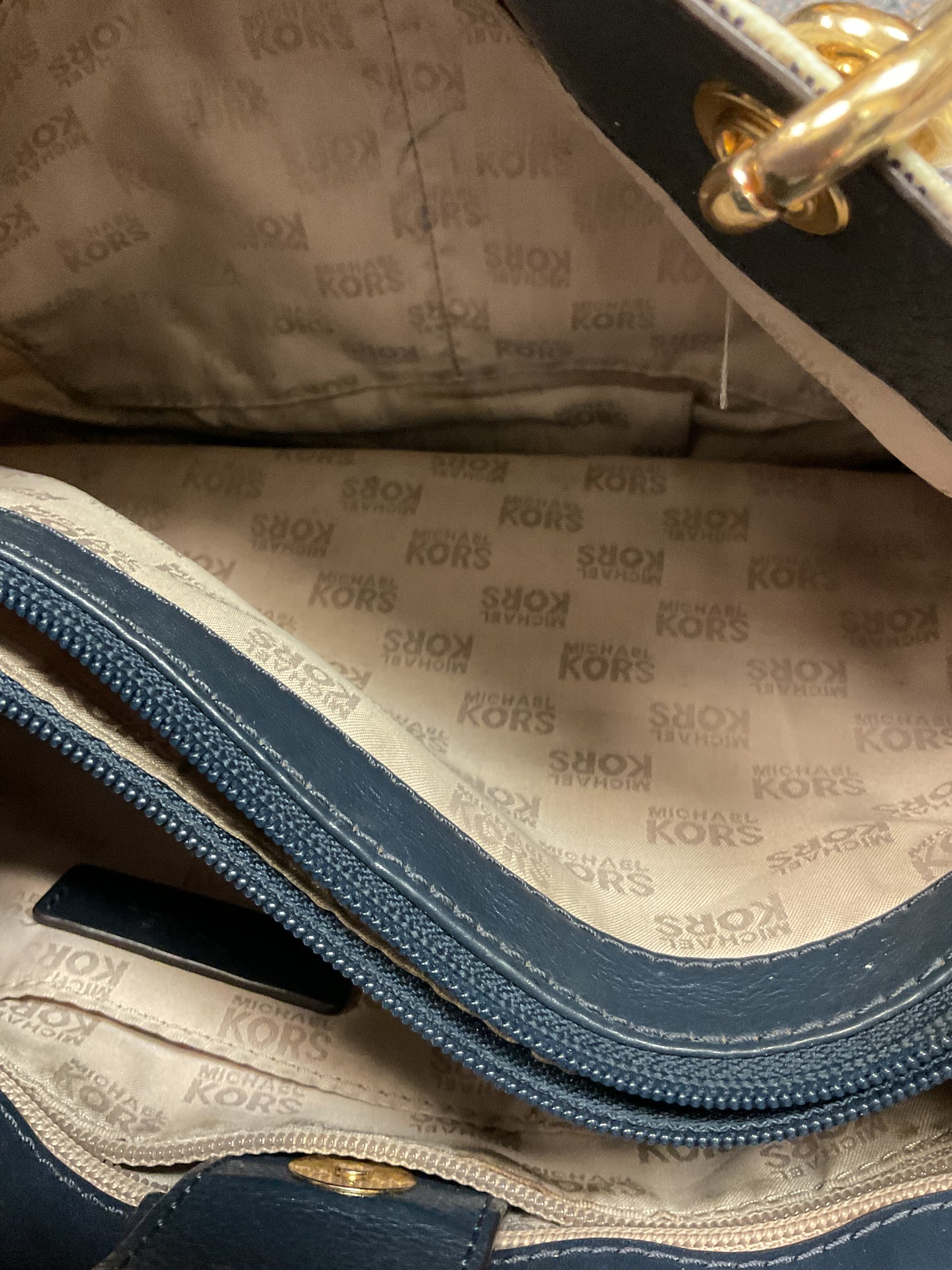 Handbag Designer By Michael Kors In Blue & White, Size:Medium