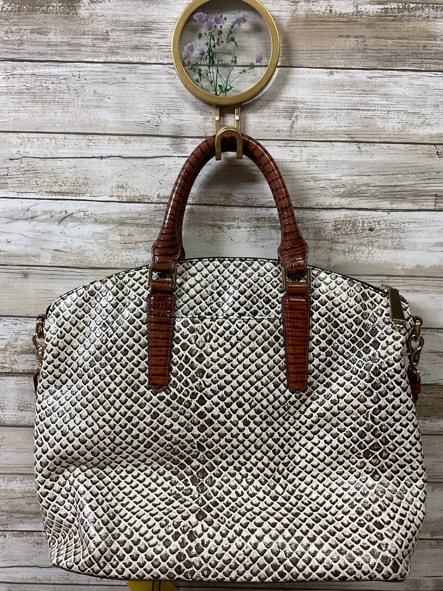Handbag Designer By Brahmin In Brown & White, Size:Large